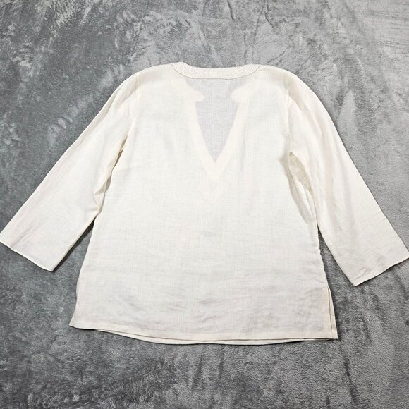 Ann Taylor Top Womens 8 Ivory Linen Beaded Beachy Boho Coastal Popover Tunic - Picture 6 of 8